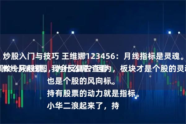 炒股入门与技巧 王维娜123456：月线指标是灵魂。
做一只股票，我会反复去查看它的各个指标，包括日K线周K线月K线图，为什么呢？因为，板块才是个股的灵魂，板块也是个股的风向标。
持有股票的动力就是指标。
小华二浪起来了，持